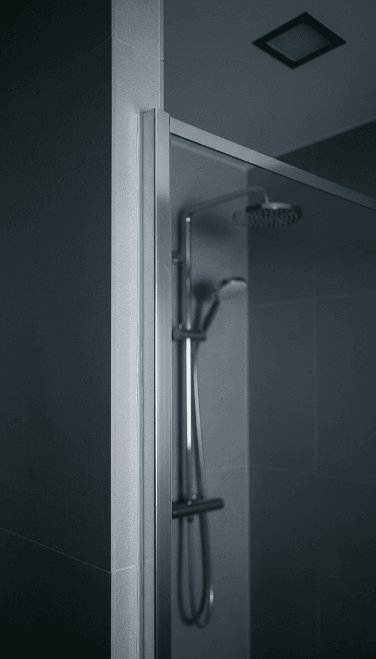 Walk-in framed shower enclosure showing clean aluminium frame profile against tiled wall