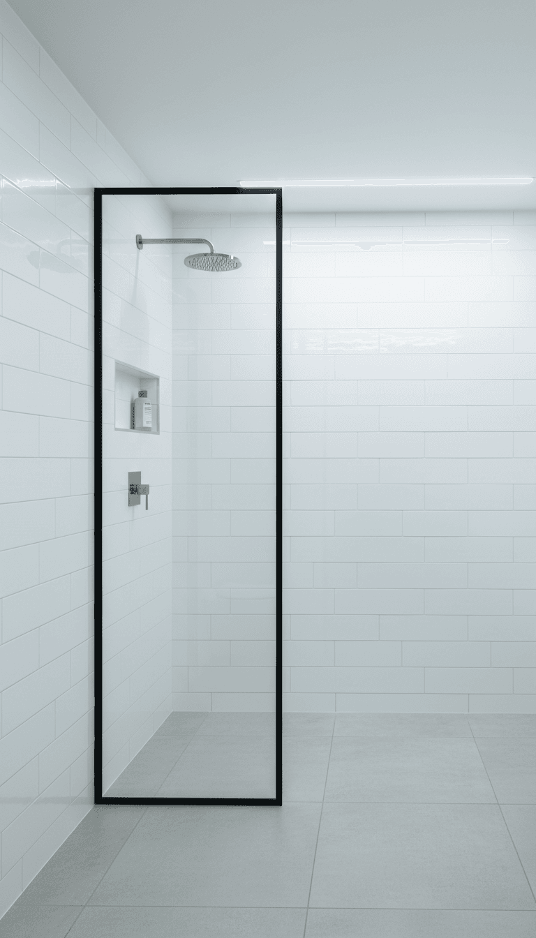 Black-framed shower panel as a fixed screen in a walk-in shower with white subway tiles