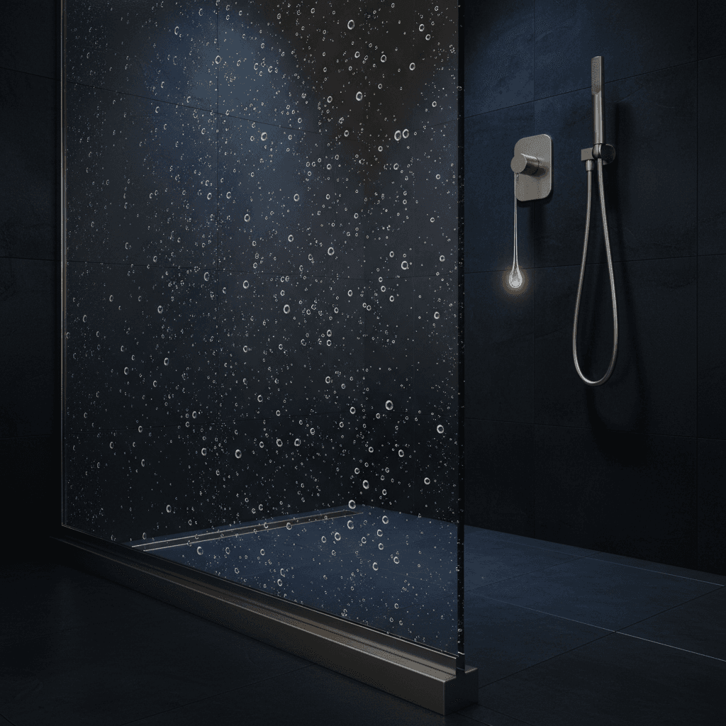 Shower panel with clear glass, floor profile, and water-repellent coating