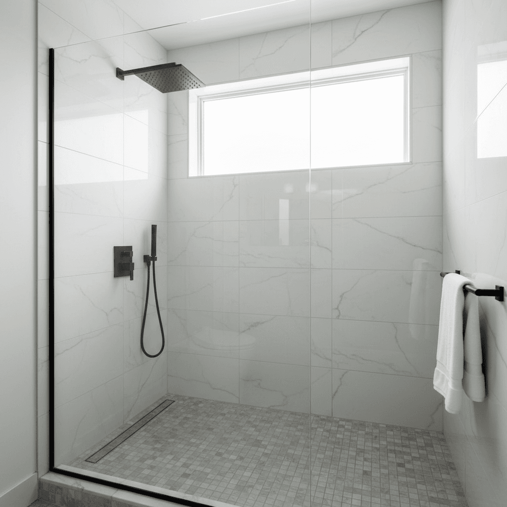 Frameless fixed glass shower panel with brushed brass fittings in a walk-in shower