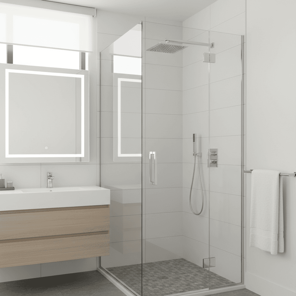 Frameless glass shower screen with chrome fittings in a bright modern bathroom