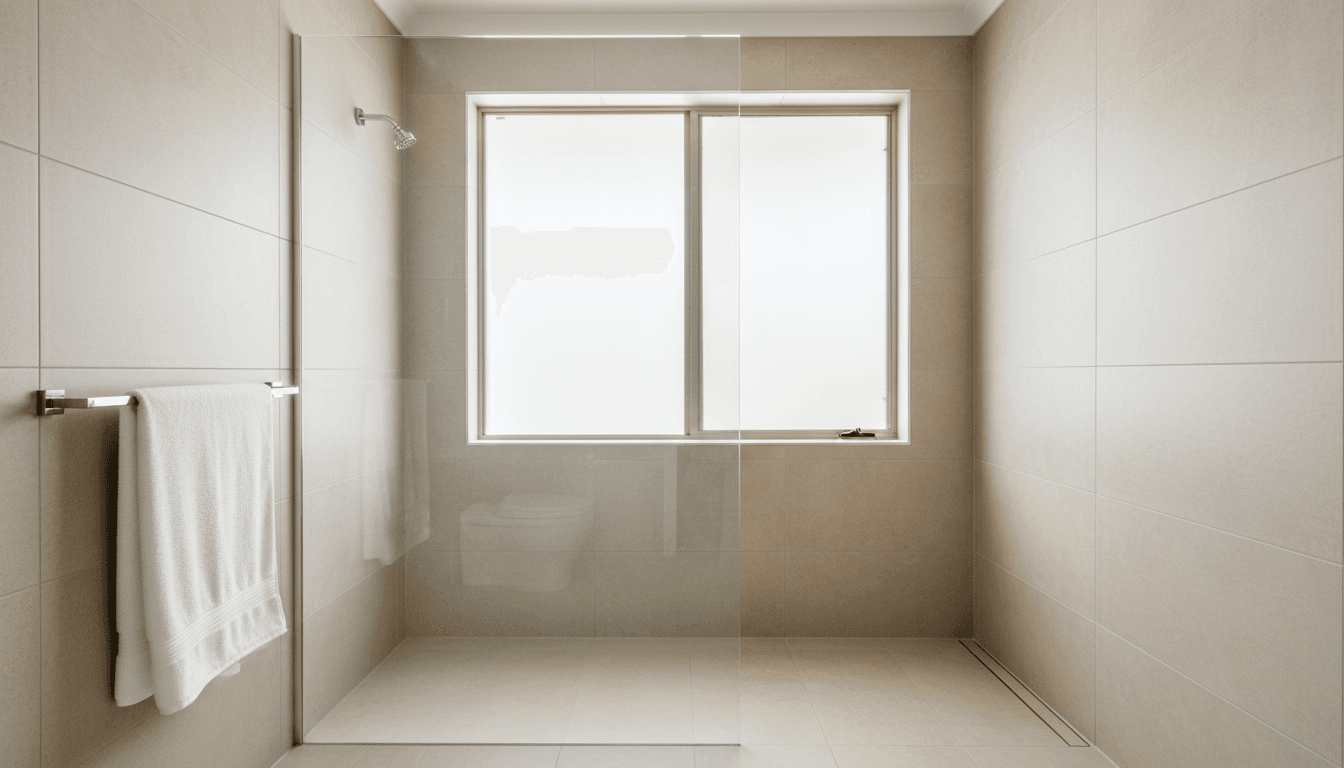 Bright frameless shower screen in a modern Perth bathroom with clear glass and chrome hardware