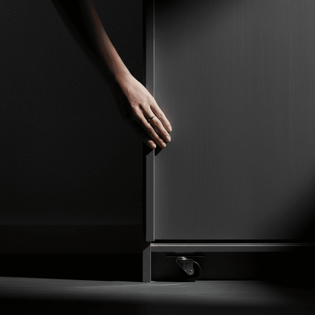 Hand sliding a wardrobe door open, revealing the smooth track system