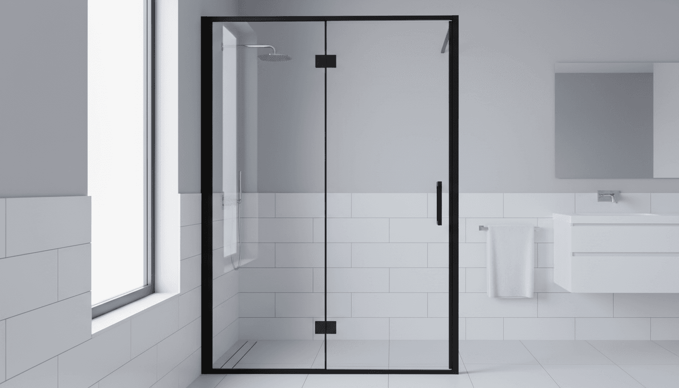 Framed shower screen installed in a modern Perth bathroom with aluminum frame and clear glass