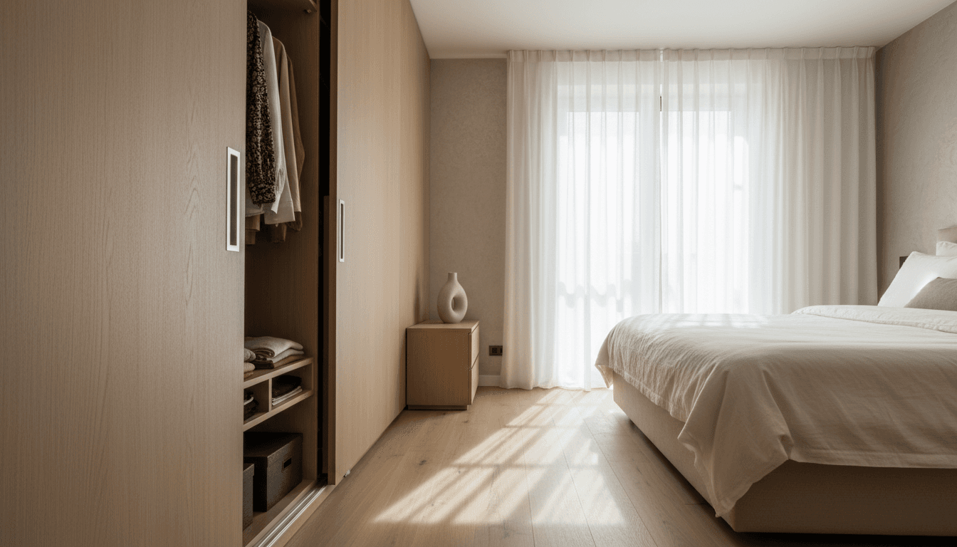 Modern bedroom with custom sliding wardrobe doors in natural light