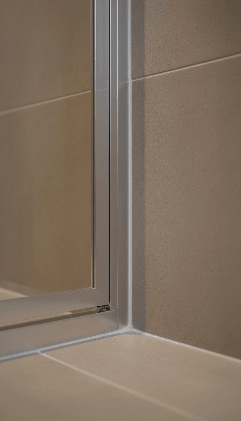 Framed shower screen corner joint against a tiled bathroom wall