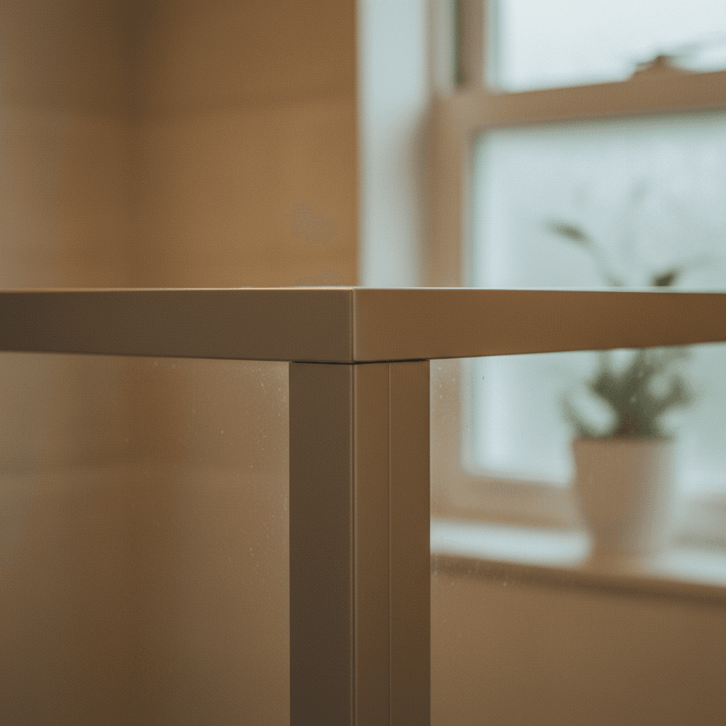 Close-up of a powder-coated aluminium shower frame corner joint showing smooth finish