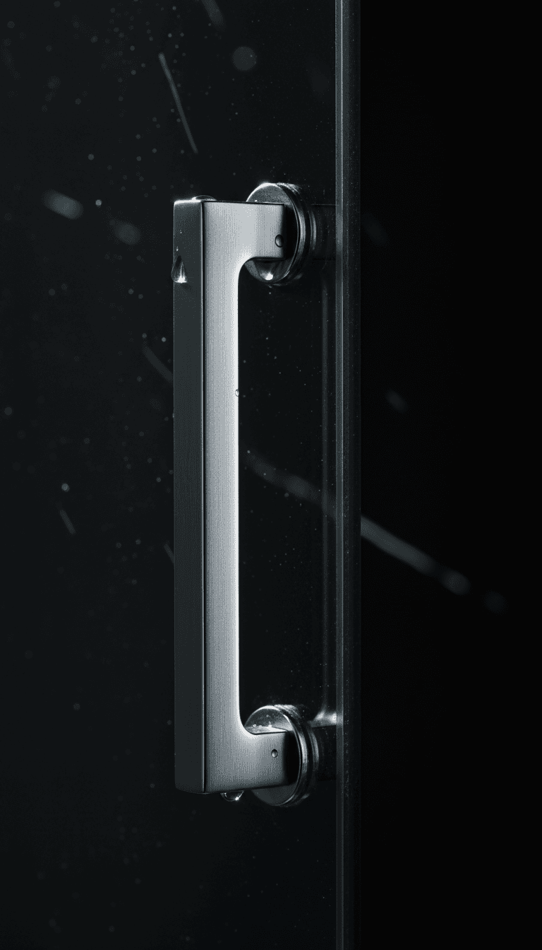 Macro detail of a modern chrome shower screen handle mounted on clear glass with brushed finish visible
