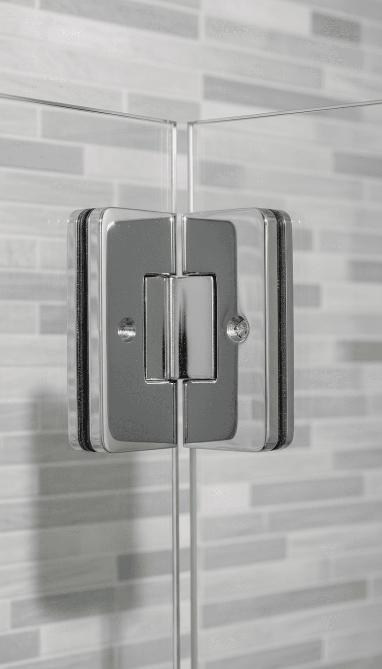 Polished chrome hinge on frameless glass panel