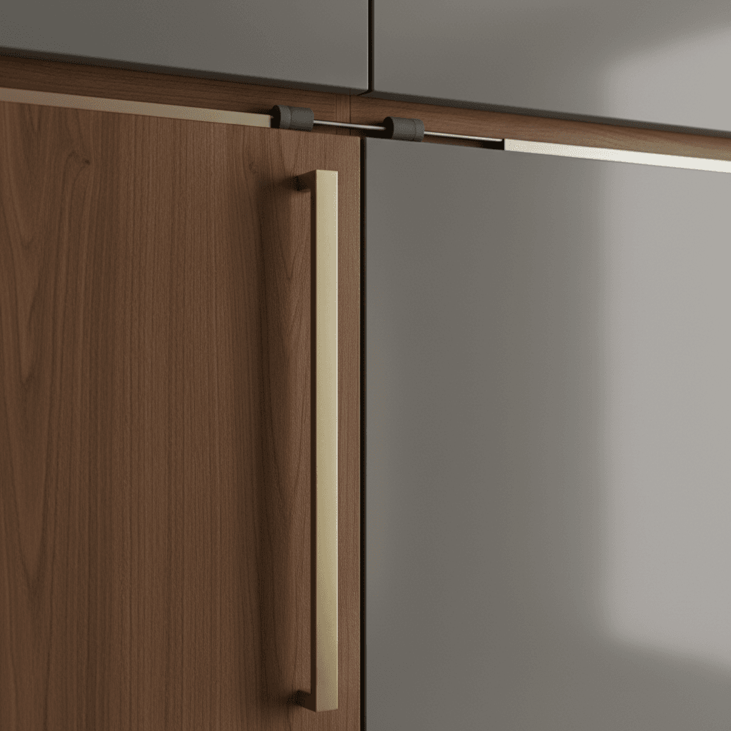 Close-up of a wardrobe door handle and track mechanism on stylish cabinetry