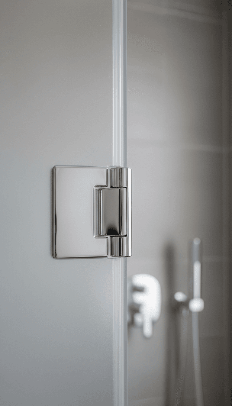 Seamless polished glass edge with chrome hinge