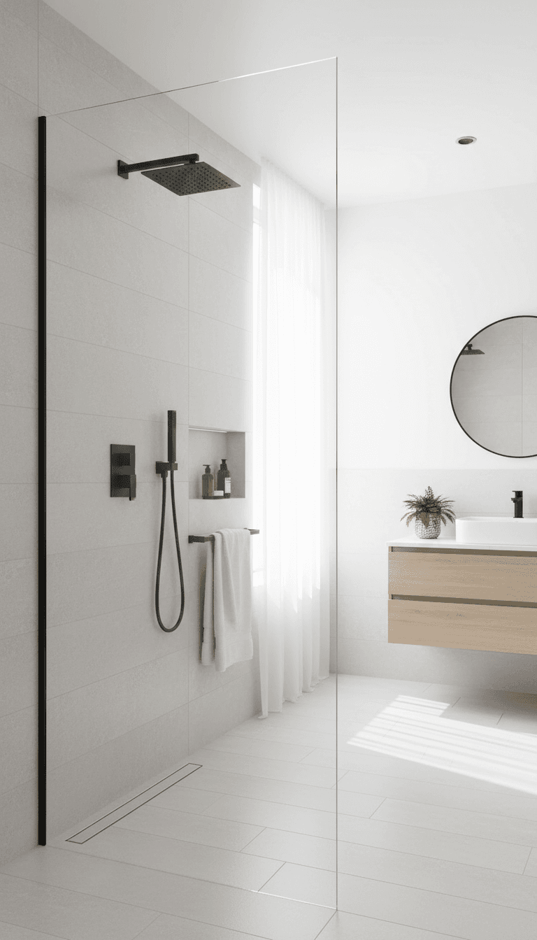 Walk-in shower with a frameless glass panel and matte black trim