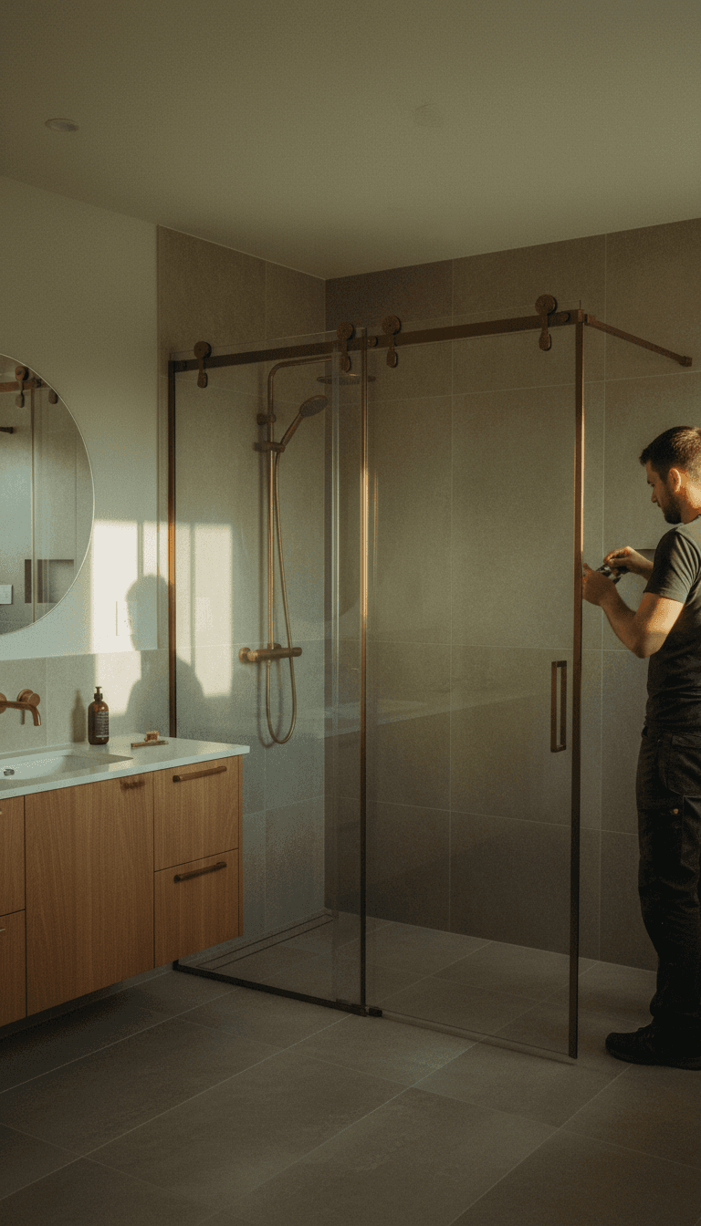 Custom sliding shower screen installation with installer making final adjustments