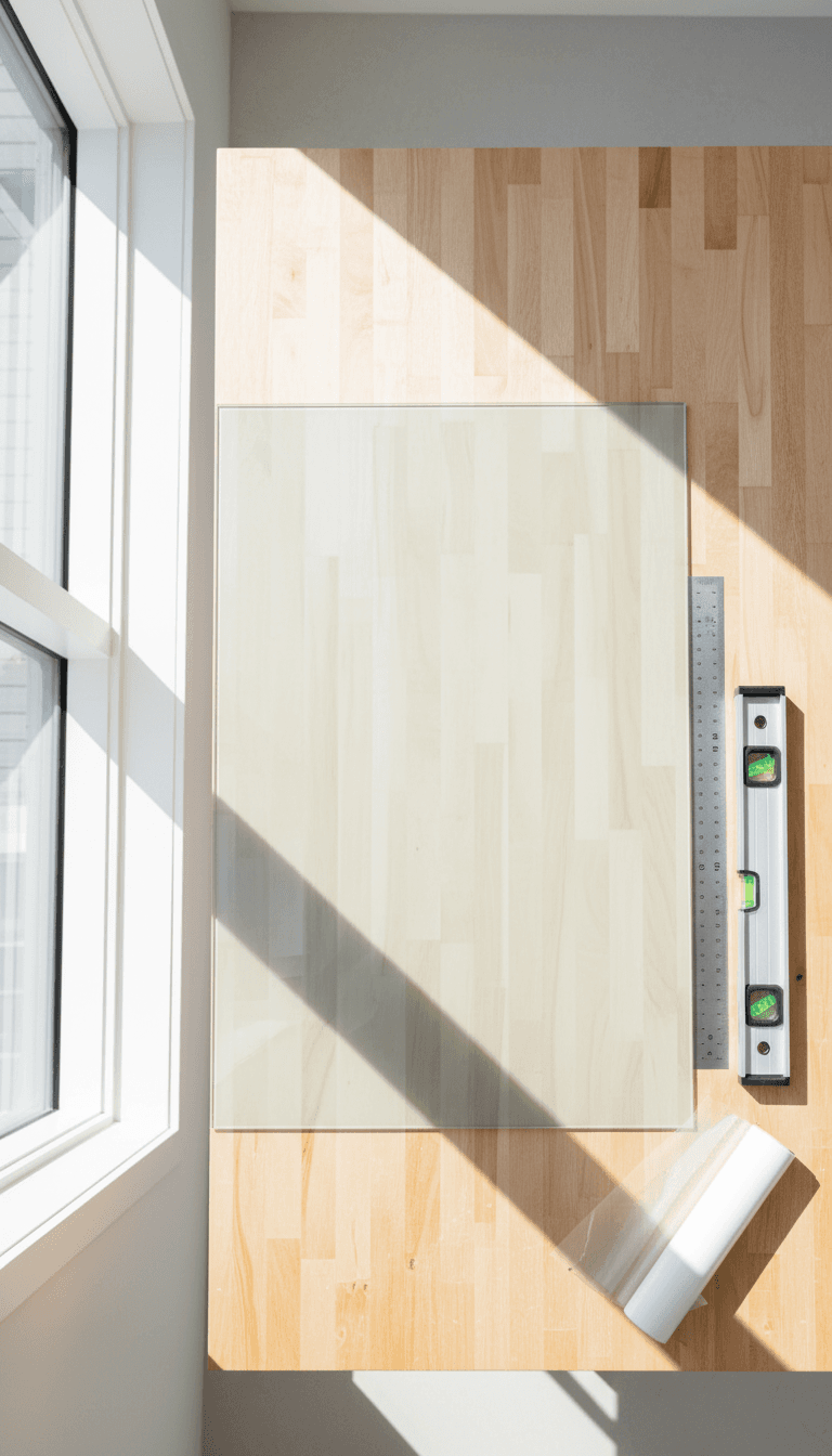 Overhead view of shower glass panel with installation tools on a workshop table