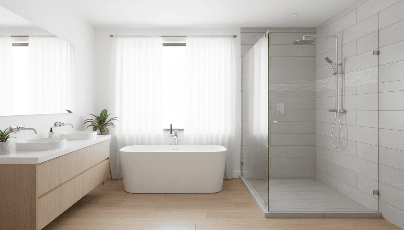 Modern frameless glass shower screen in a bright contemporary bathroom