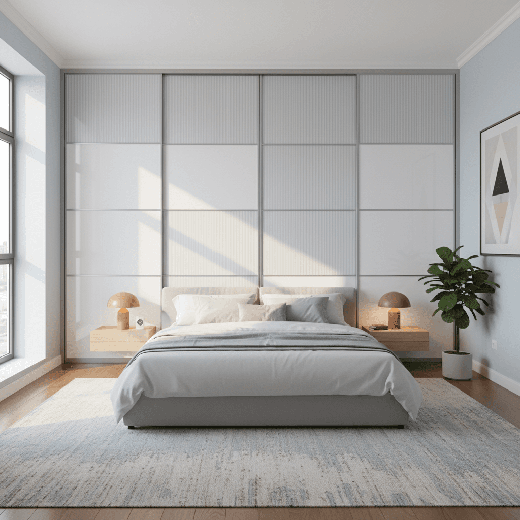 Modern sliding wardrobe doors in a bright bedroom interior