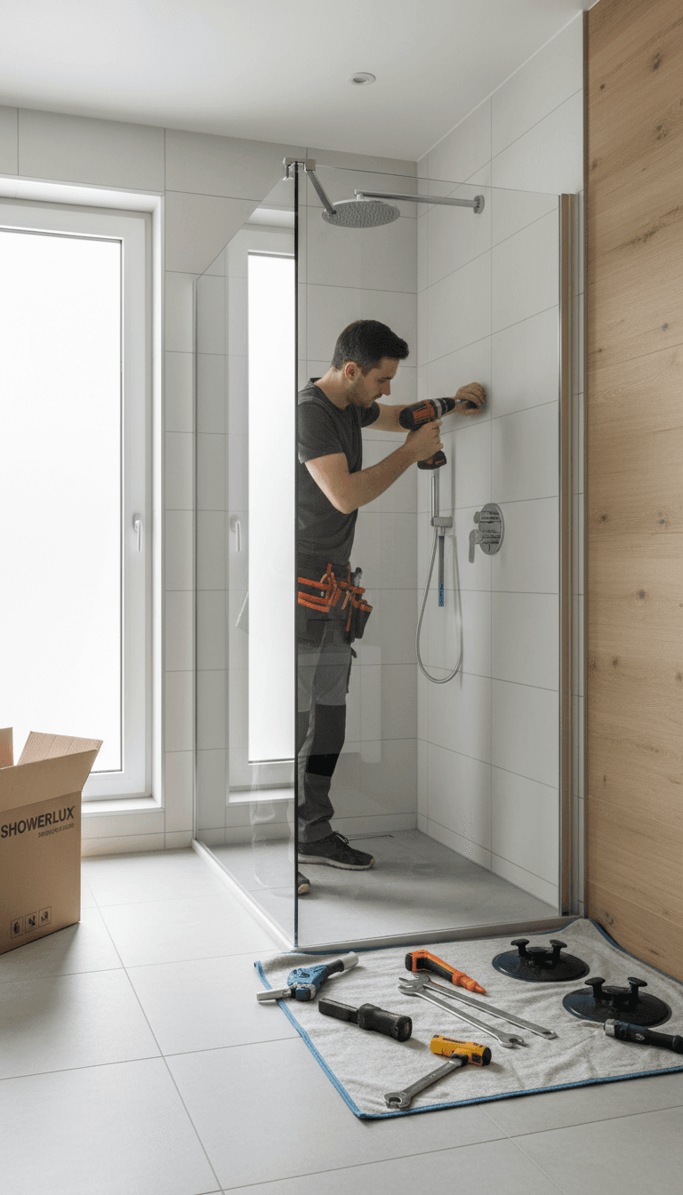 Allan installing a custom shower screen on site