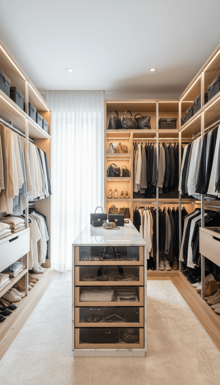 Bright walk-in wardrobe with open storage and organized clothes