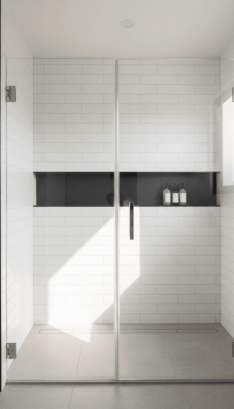 Semi-frameless shower screen with slim chrome hinge and polished glass
