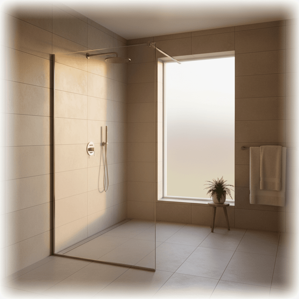 Wide shot of a bathroom corner featuring a semi-frameless shower screen installed next to a wall-mounted rain shower head with warm afternoon light