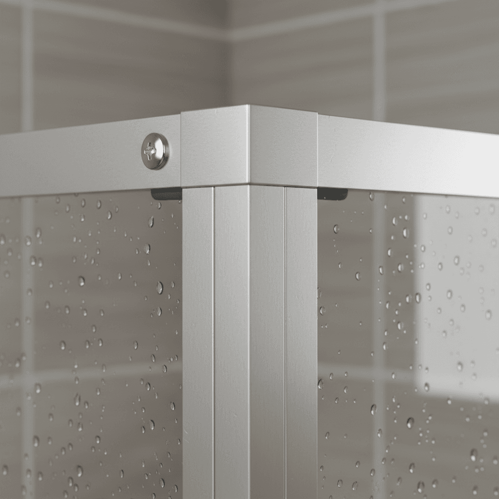 Close-up of a slim aluminium frame on a glass shower screen