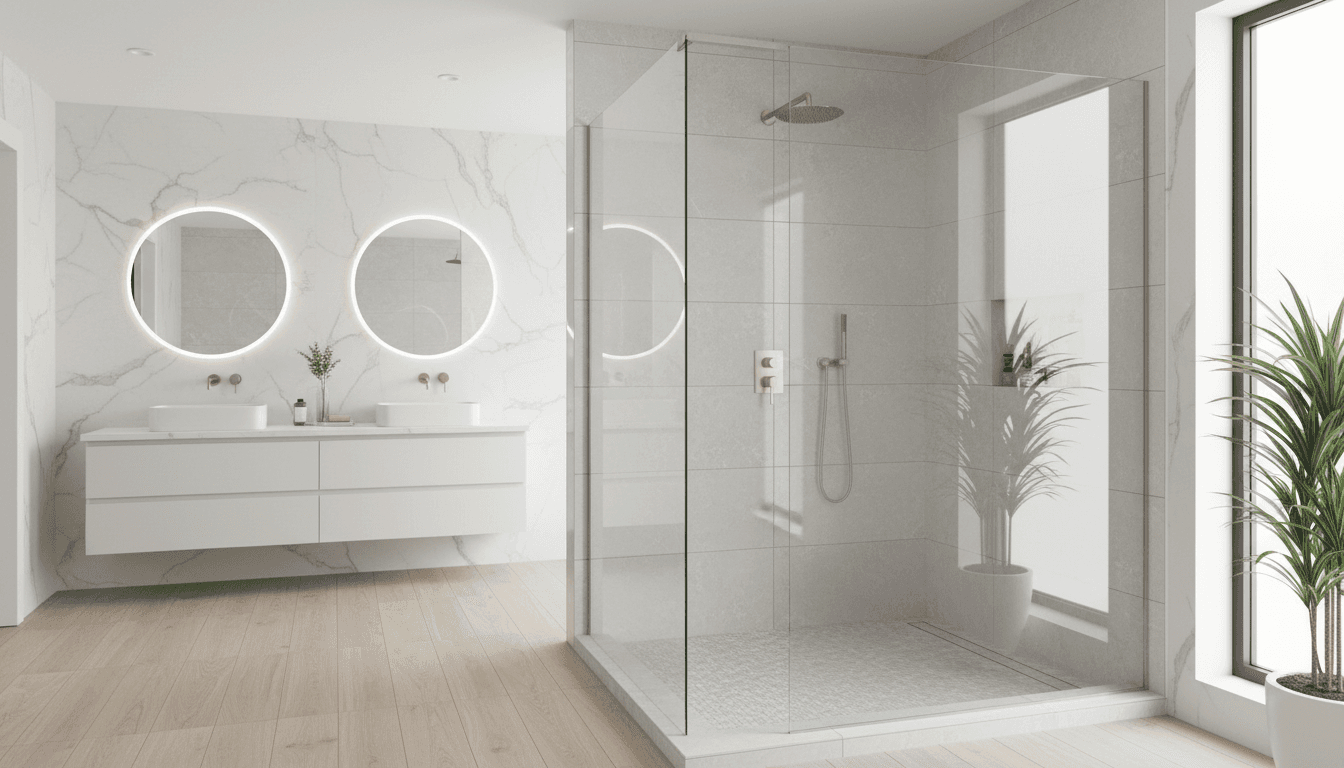 Modern frameless glass shower screen in a bright Perth bathroom