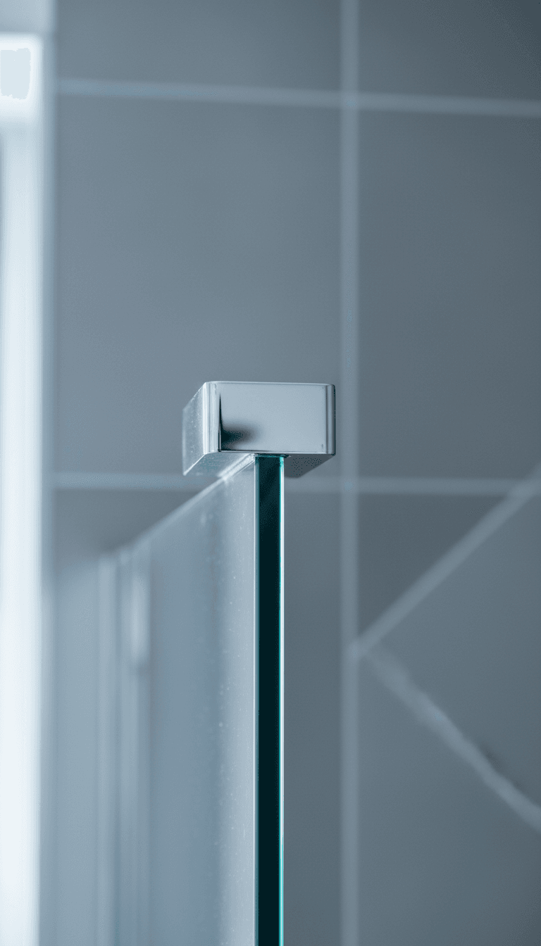 Chrome support bracket holding the bottom edge of a fixed glass shower panel in place