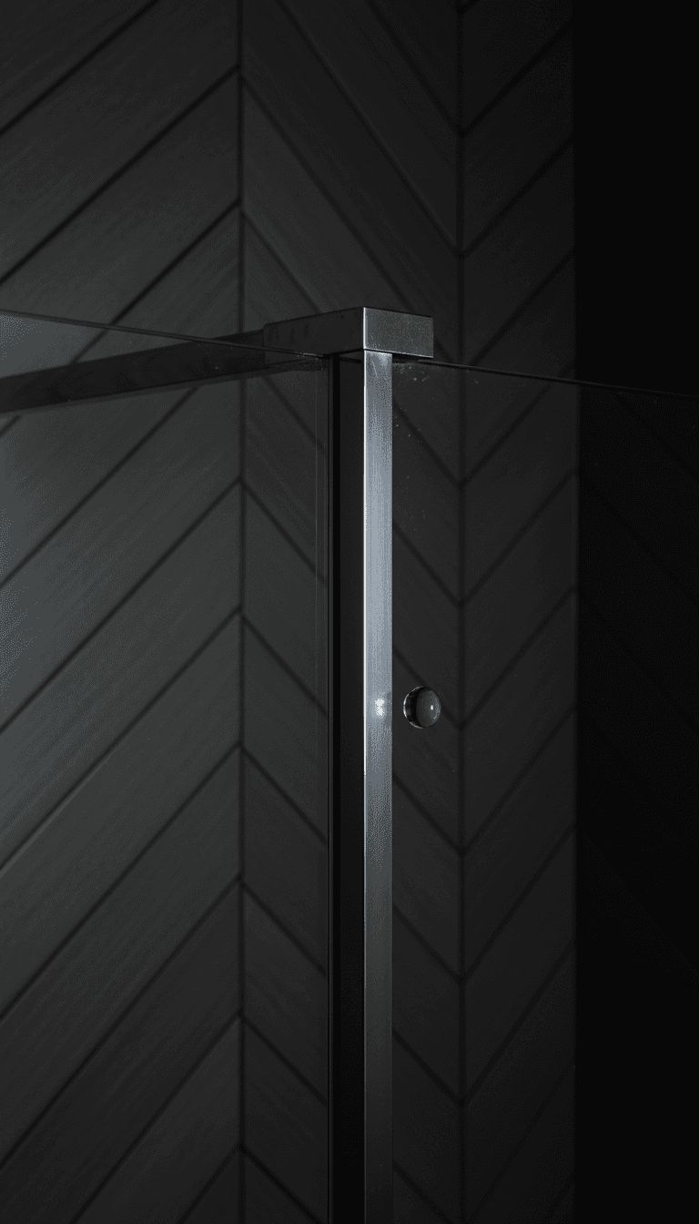 Brushed steel framed shower screen corner joint against dark herringbone tiles