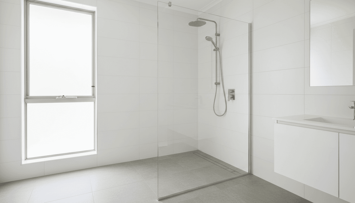 Semi-frameless shower screen installed in a modern Perth bathroom with natural daylight