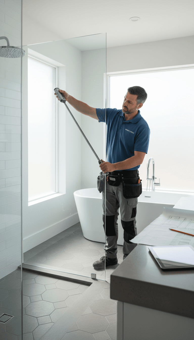 Installer measuring a glass shower screen in a bright modern bathroom