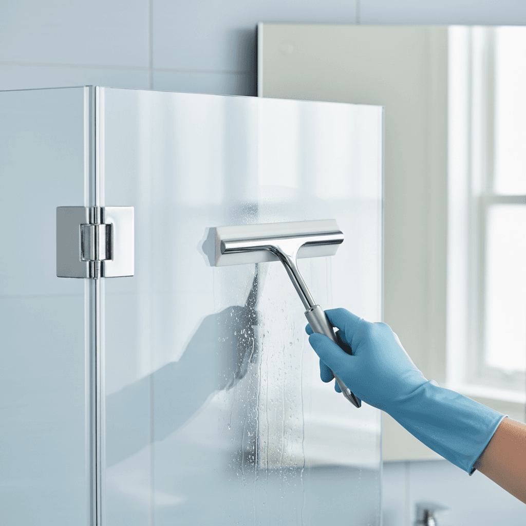 Cleaning a semi-frameless shower screen with a squeegee