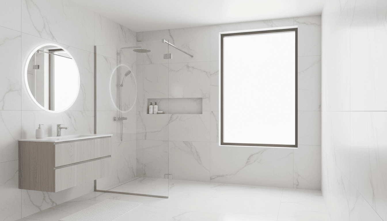 Modern frameless shower screen with clear glass in a bright renovated bathroom