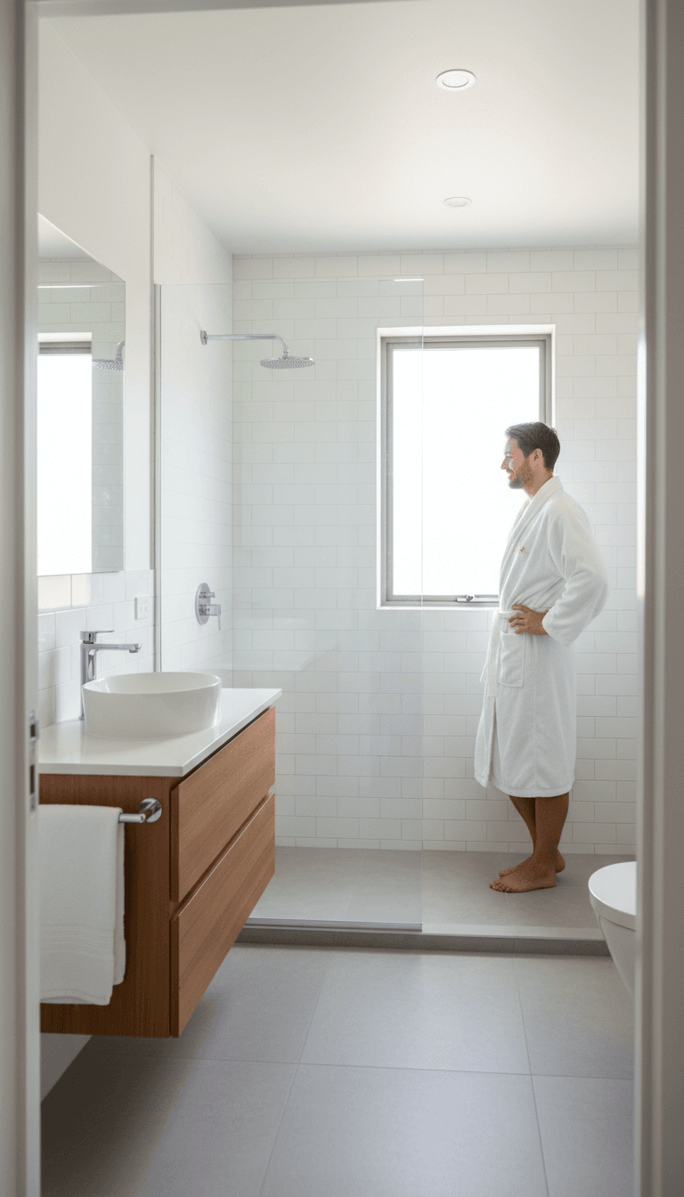 Completed bathroom renovation with custom shower screen and satisfied customer