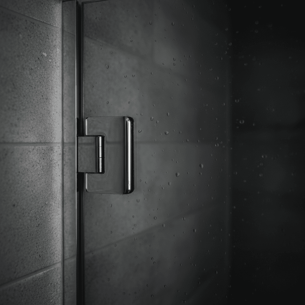 Close-up of polished chrome hinge on a semi-frameless shower screen with water droplets on glass and blurred tile wall background