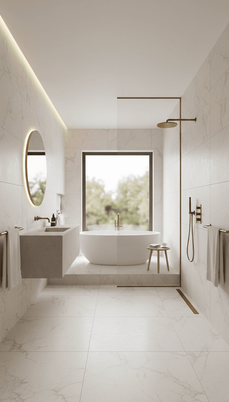 Luxury wet room with a floor-mounted clear glass shower panel dividing shower and bathtub areas