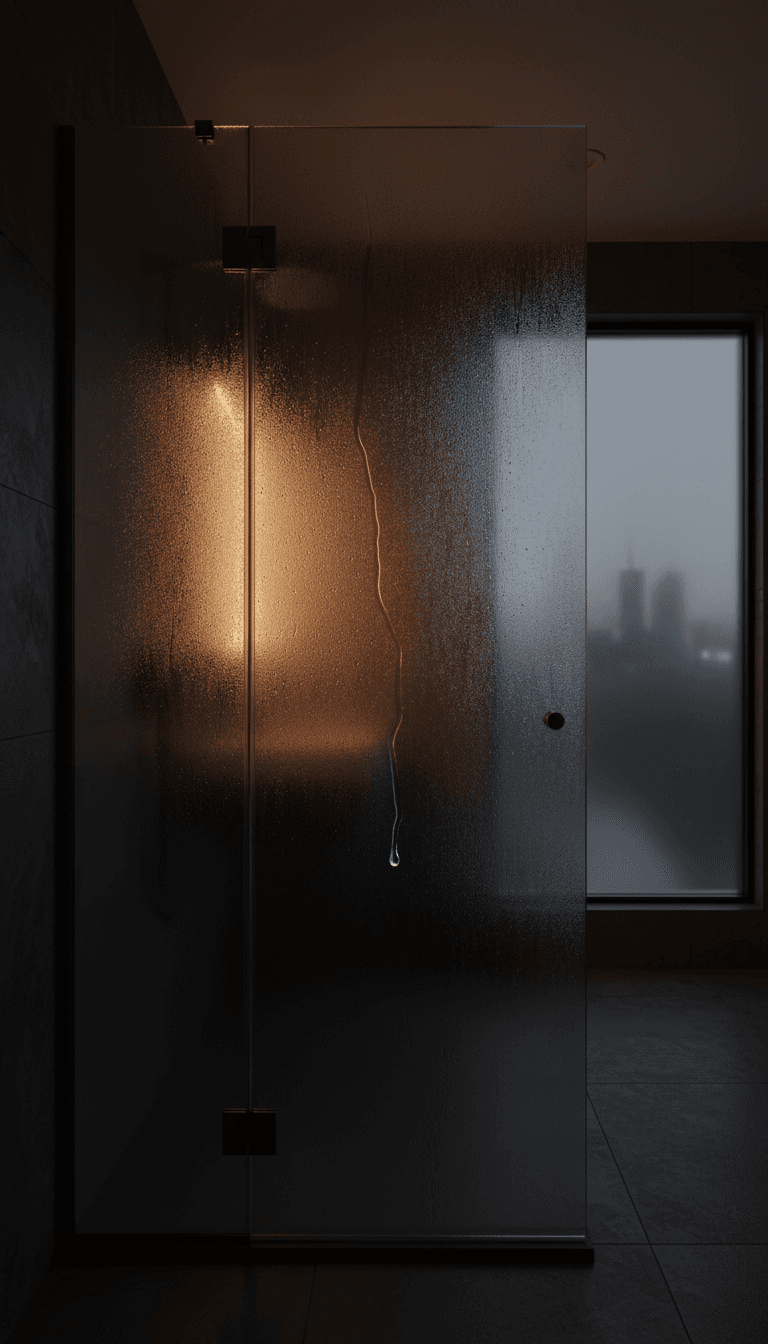 Semi-frameless shower enclosure in a moody twilight bathroom setting