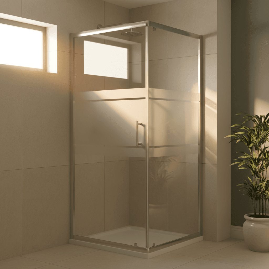 Semi-frameless shower screen with slim aluminum frame and frosted glass detail