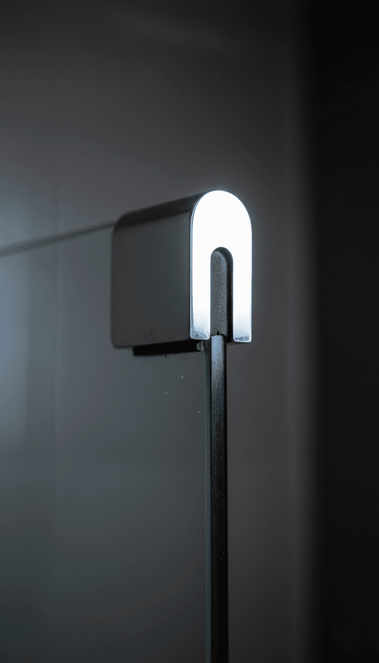 Polished chrome bracket with rubber gasket at the meeting point with a glass shower panel