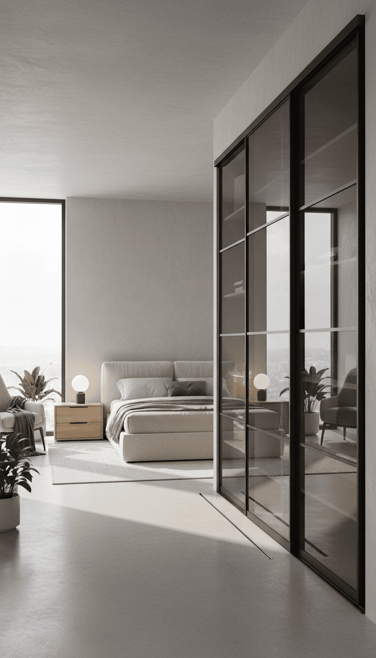Sleek sliding wardrobe doors in a modern bedroom