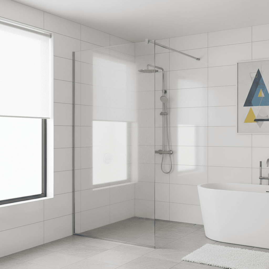Frameless glass shower screen with chrome fittings in a bright tiled bathroom