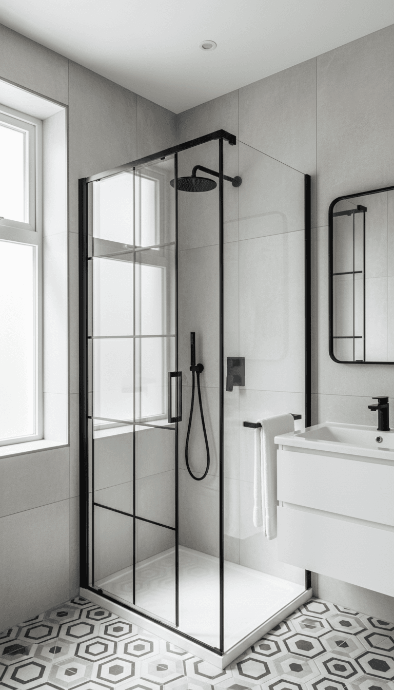 Semi-frameless shower screen with slim black frame installed in a modern Perth bathroom