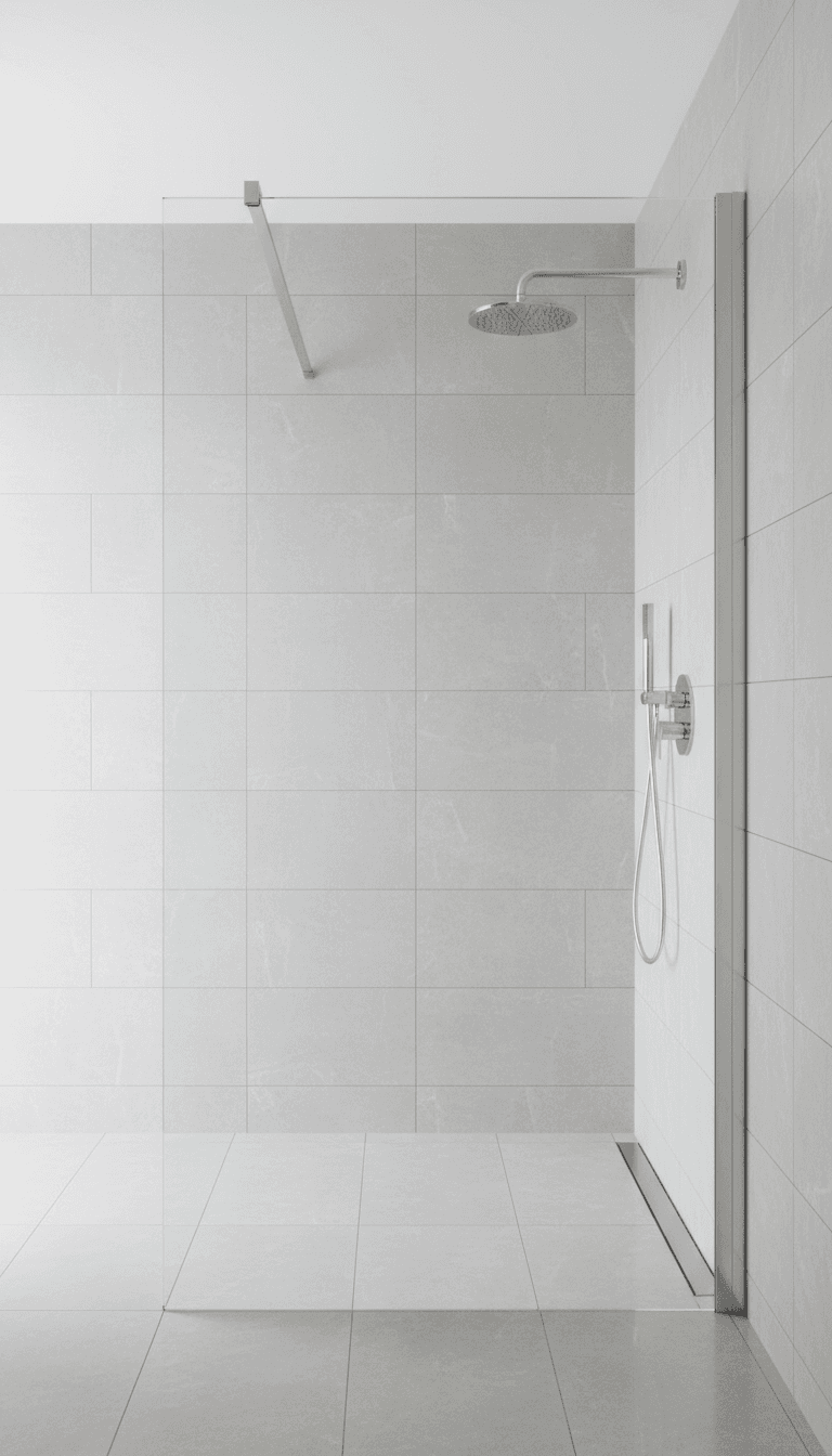 Wall-mounted chrome support arm attaching a fixed glass shower panel to bathroom tile