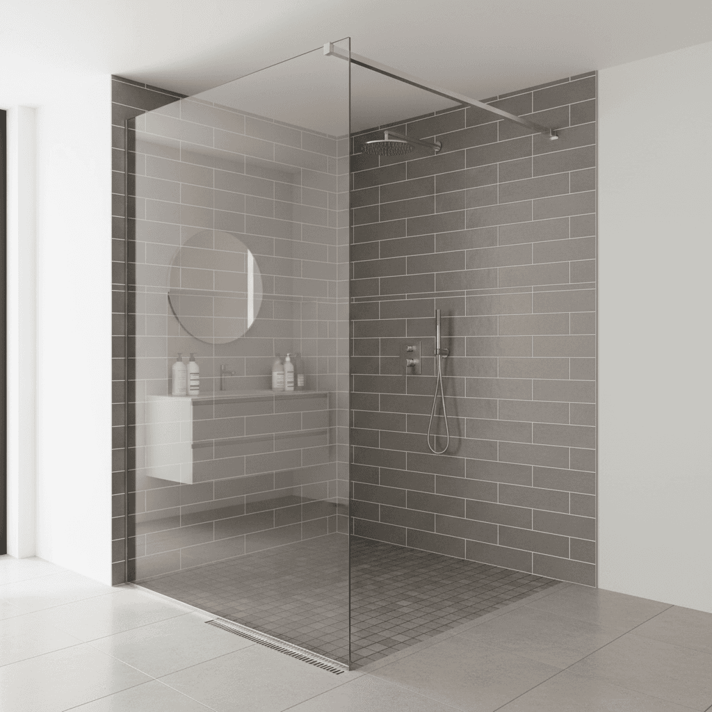 Modern bathroom with a clear glass shower screen and tiled walls
