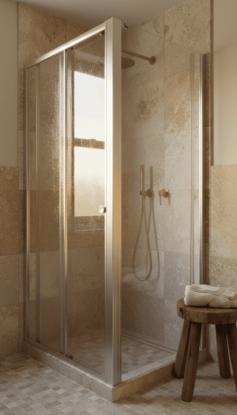 Framed sliding shower screen installed over stone tiles, morning light catching the aluminium frame