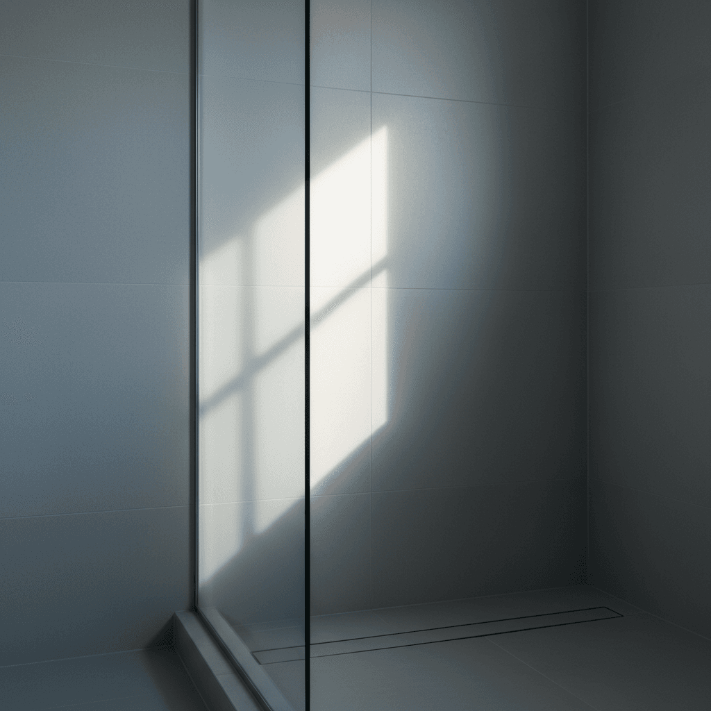Single clear toughened glass shower panel installed against white subway tile