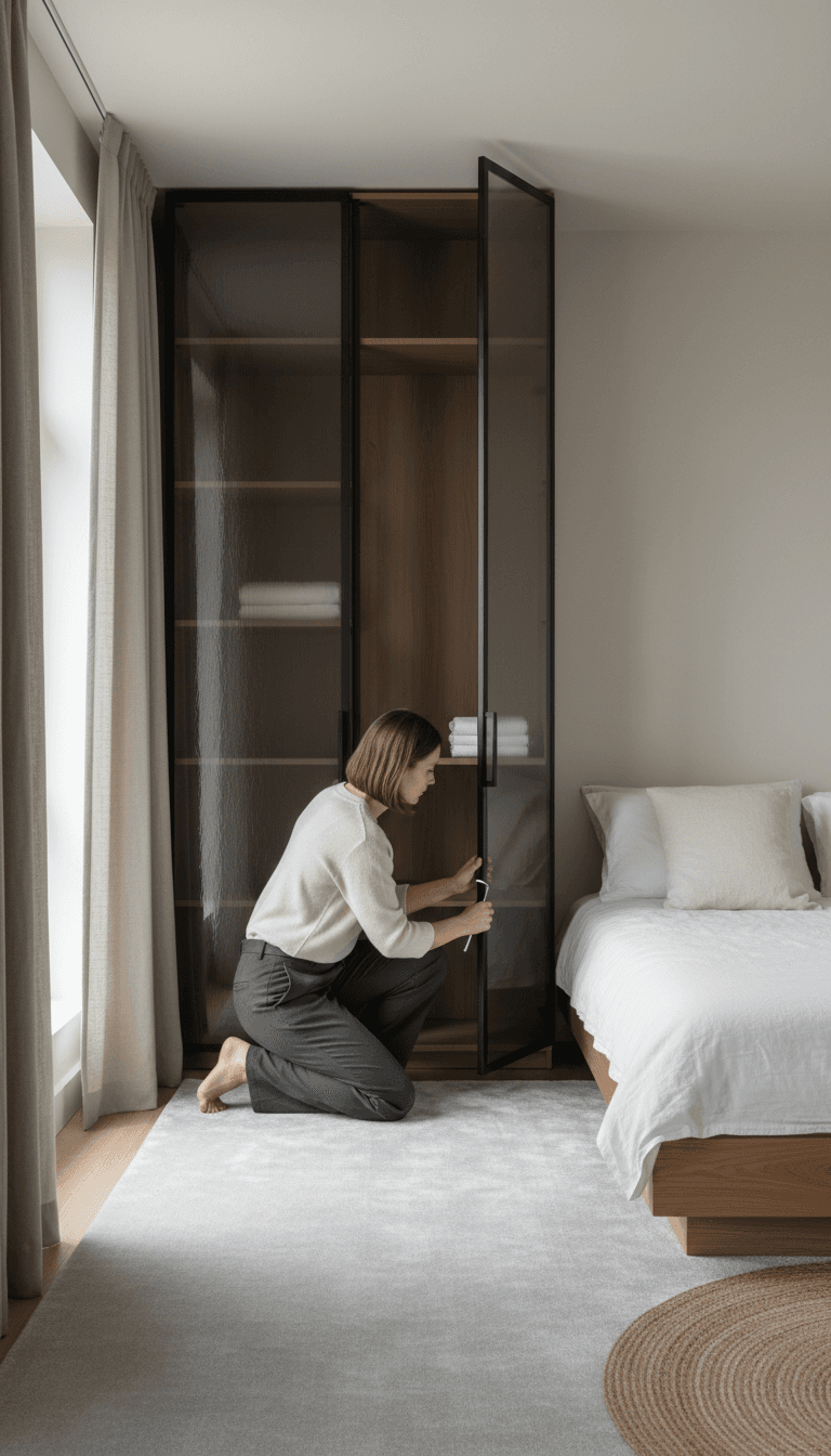 Custom wardrobe door with minimal frame being adjusted