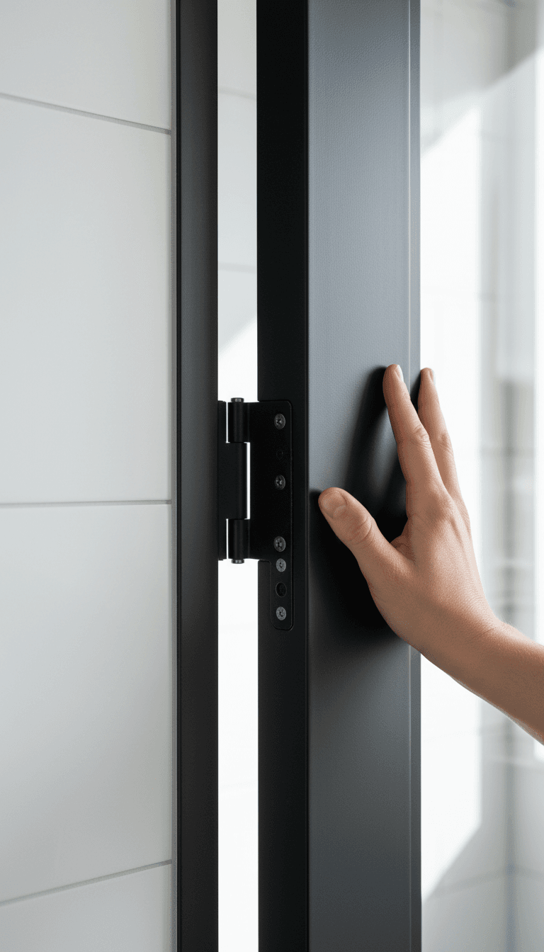 Close-up of black powder-coated aluminium hinge on a framed pivot shower door being pushed open
