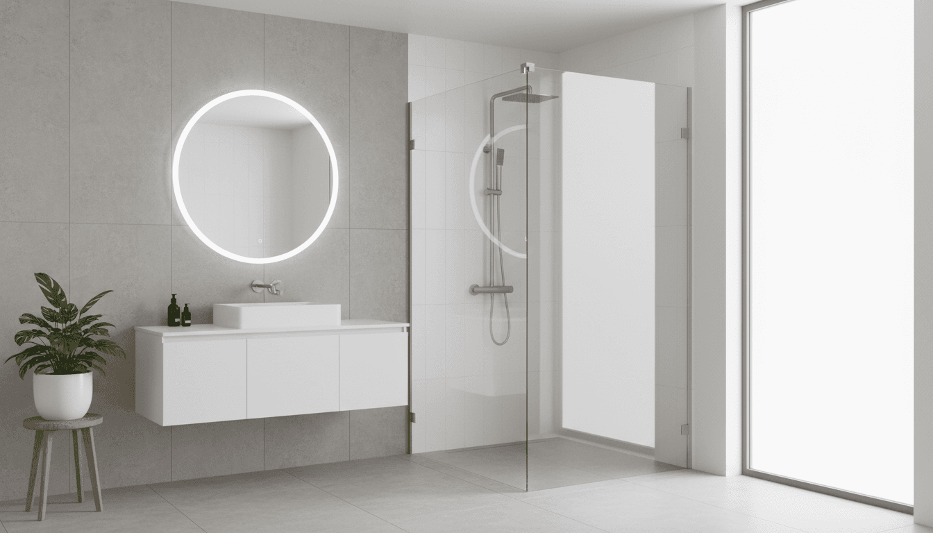 Modern frameless shower screen with clear glass in a bright contemporary bathroom