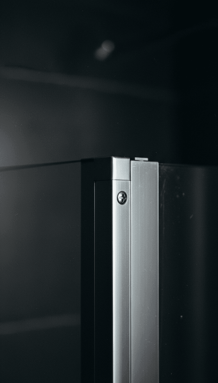 Close-up of brushed aluminum frame corner joint on a shower screen