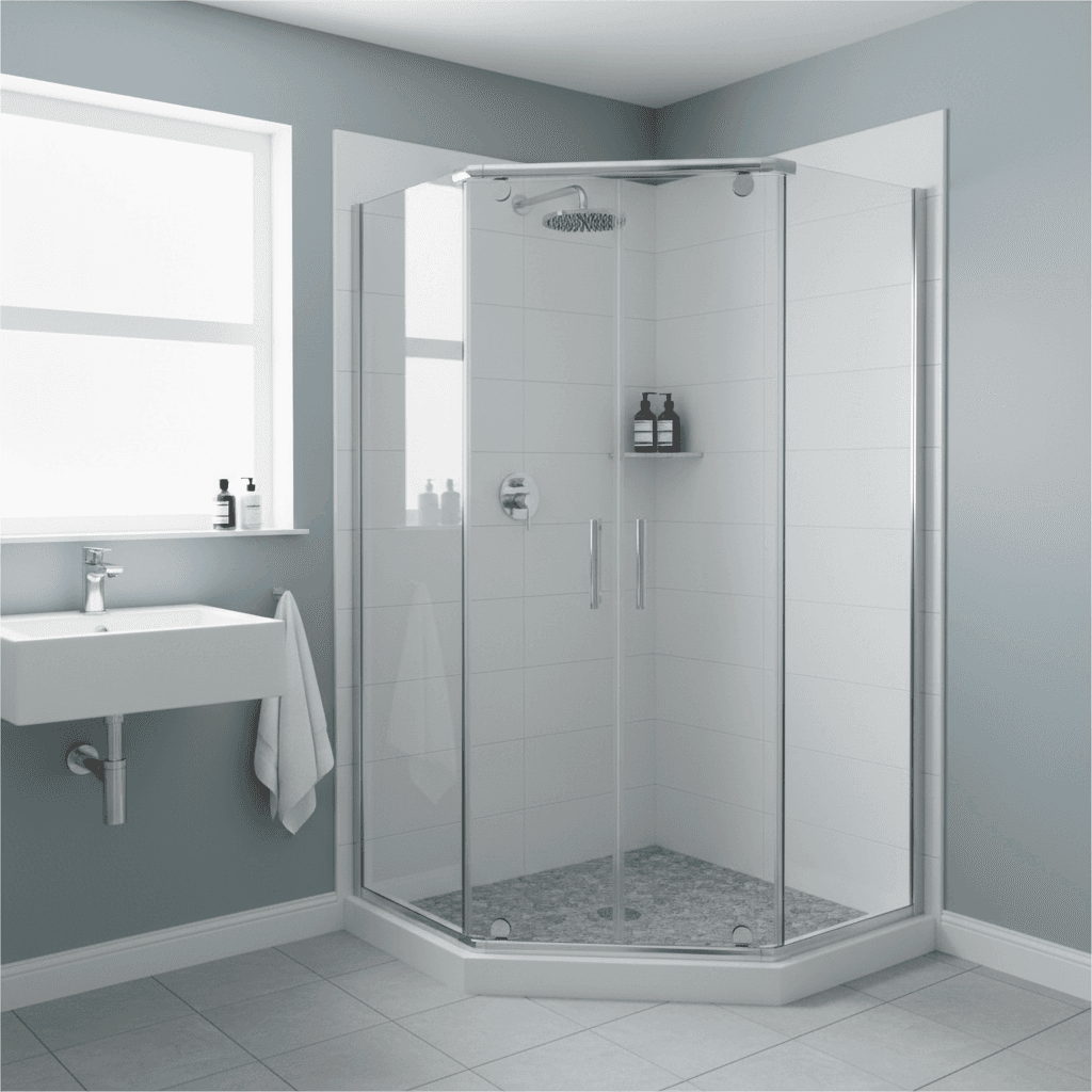 Corner-entry shower screen with sliding doors fitted in a compact bathroom